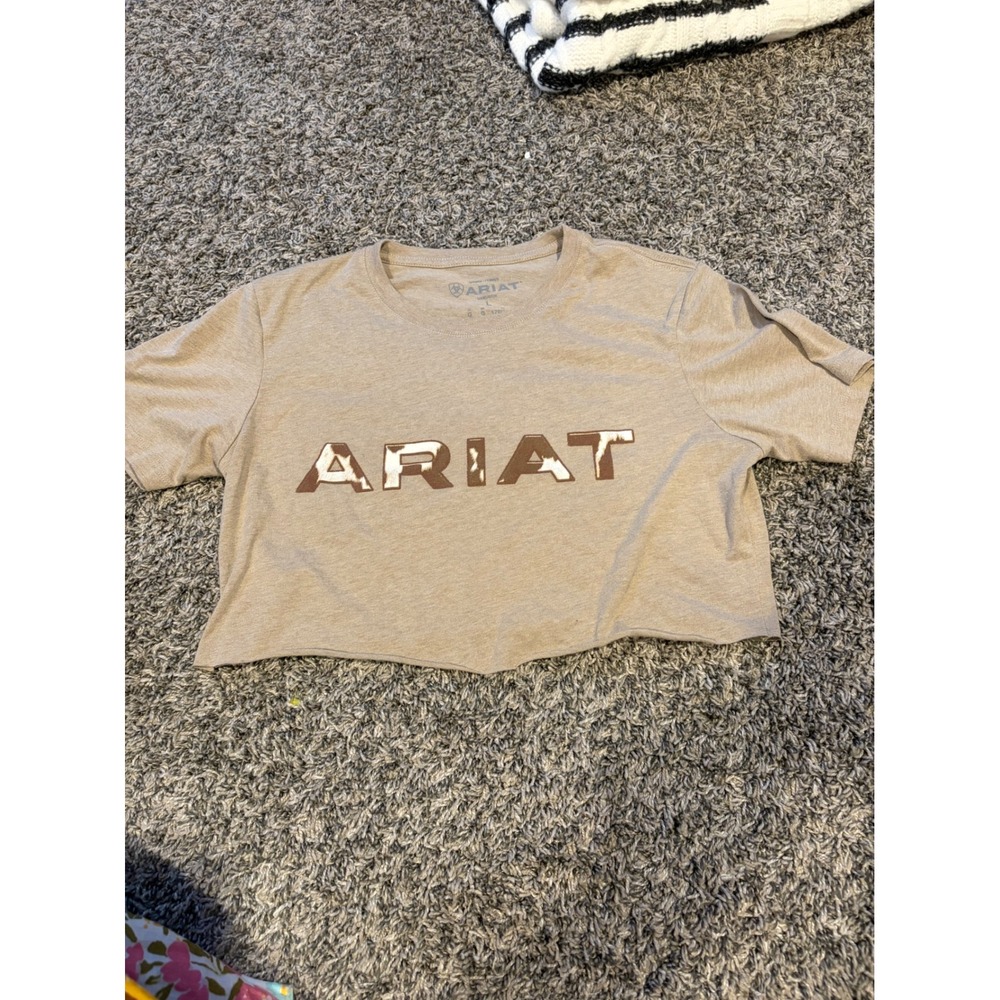 Ariat Women Tan Heather Cow Print Graphic Logo Crop Top Tee Shirt Large